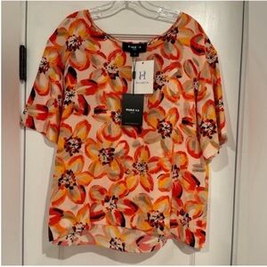 Paule Ka NEW Silk Short Sleeve Top Floral Pattern Womens 10 Orange Tan Cream